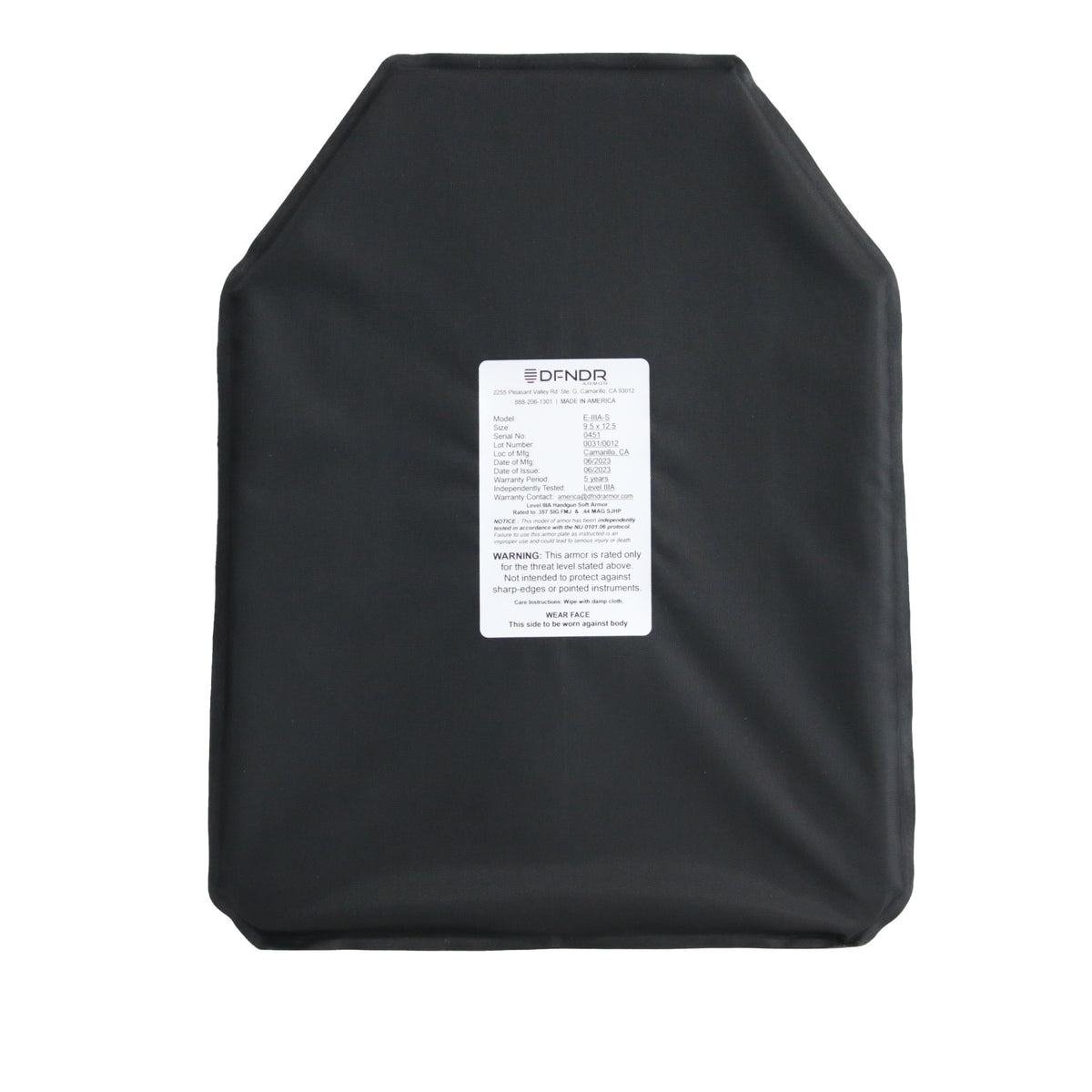 DFNDR Level IIIA Soft Armor Plate Carrier Insert DFNDR Armor